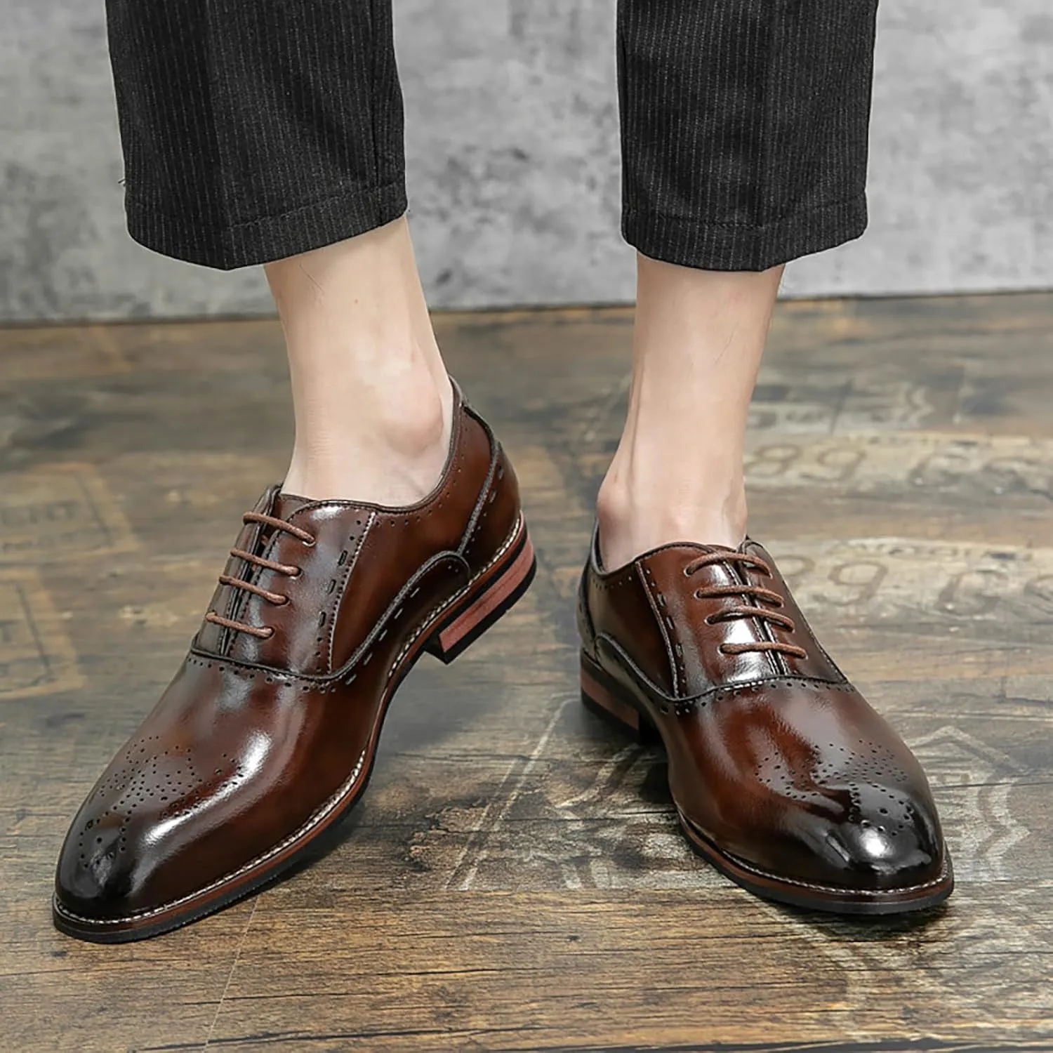 Men's Stitching Leather Lace-Up Dress Oxford Shoes Business Party Formal Shoes Comfortable Anti-Slip Pointed Toe Causal Shoes