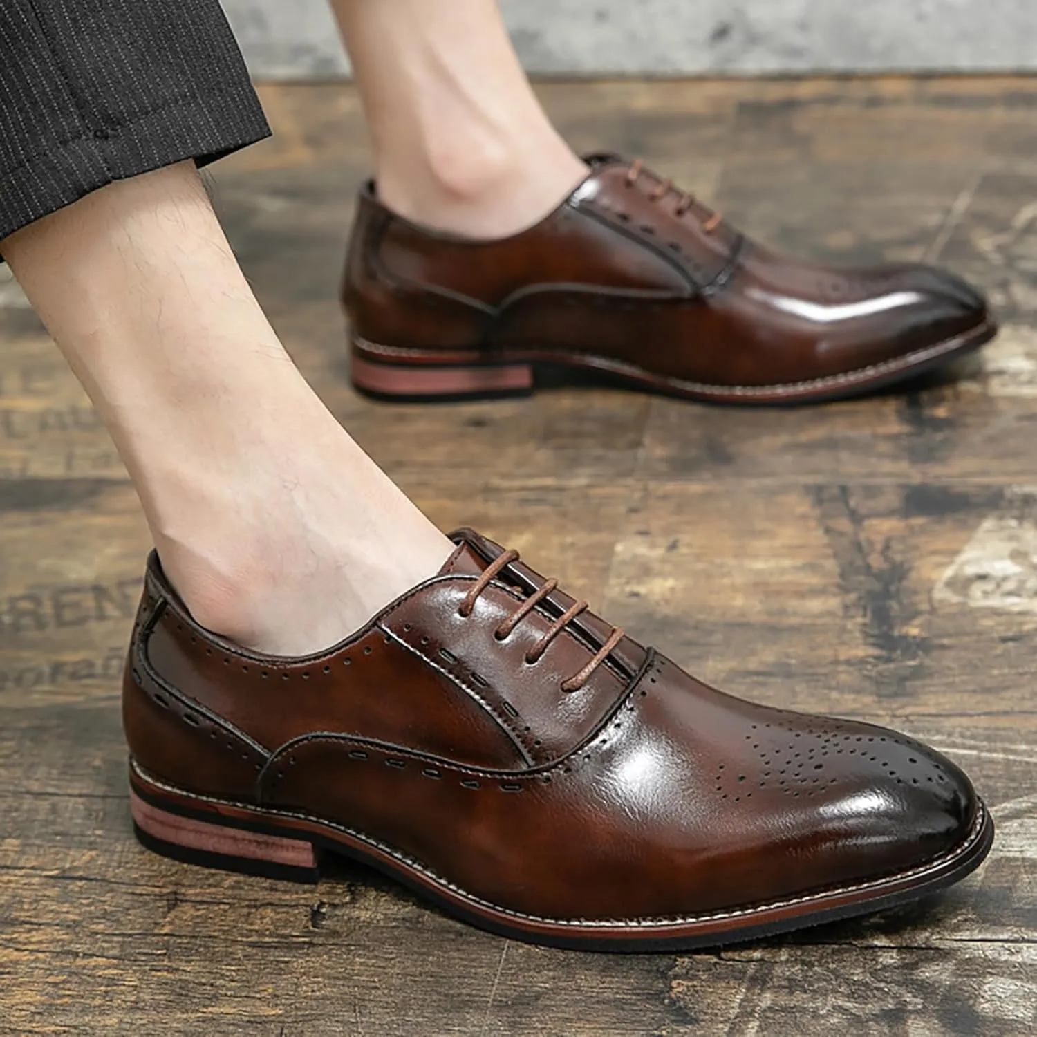 Men's Stitching Leather Lace-Up Dress Oxford Shoes Business Party Formal Shoes Comfortable Anti-Slip Pointed Toe Causal Shoes