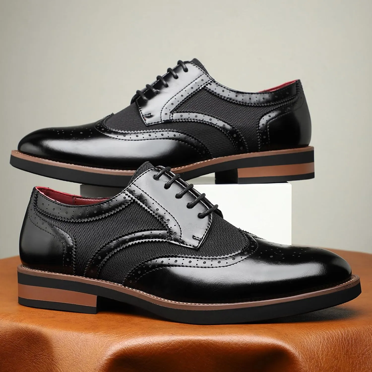 Men's Wingtip Oxford Dress Shoes Color Matching Punched Brogues Tuxedo Oxfords Comfortable Business Leather Shoes