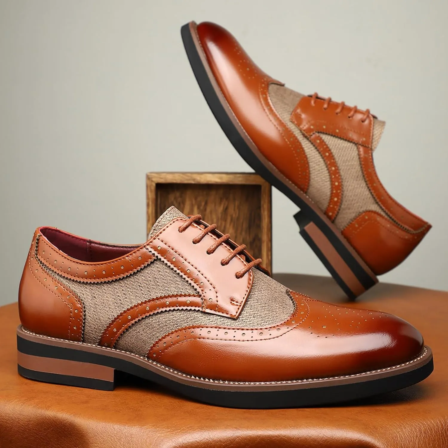 Men's Wingtip Oxford Dress Shoes Color Matching Punched Brogues Tuxedo Oxfords Comfortable Business Leather Shoes