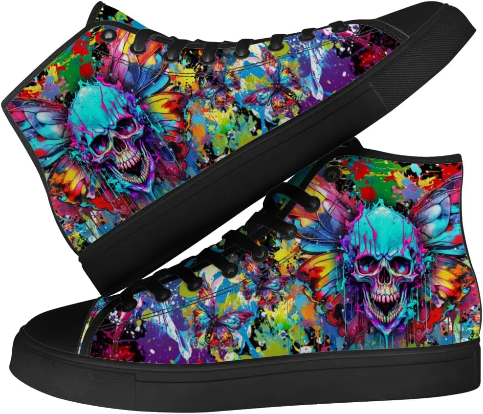 Men's Women's Skull High Top Canvas Shoes Butterfly High Top Sneakers Lace Up Casual Shoes Gifts for Men Women