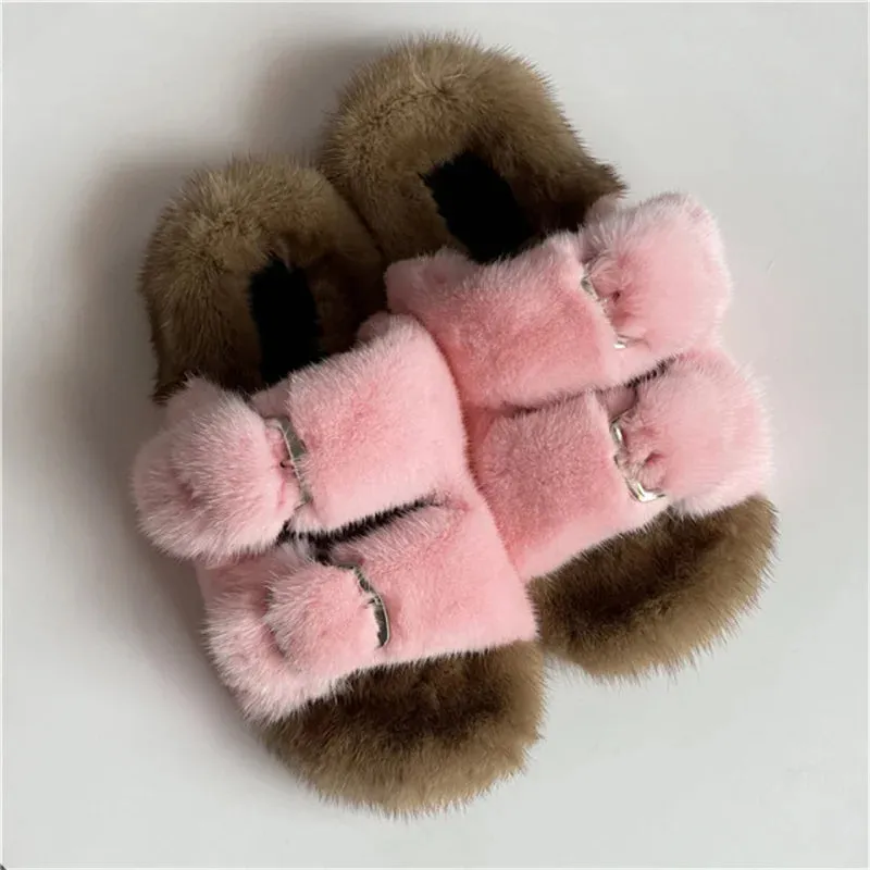 Mink Fur Flat Round Head Slippers