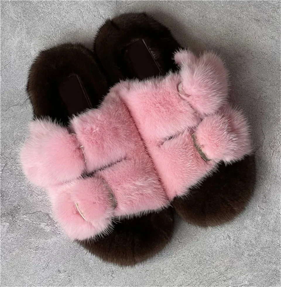 Mink Fur Flat Round Head Slippers