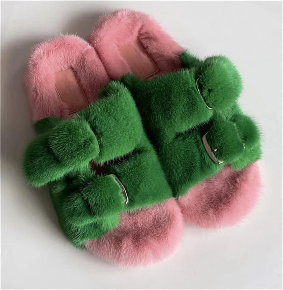 Mink Fur Flat Round Head Slippers