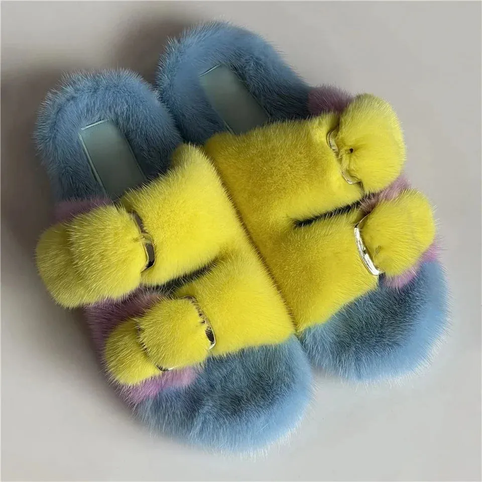 Mink Fur Flat Round Head Slippers