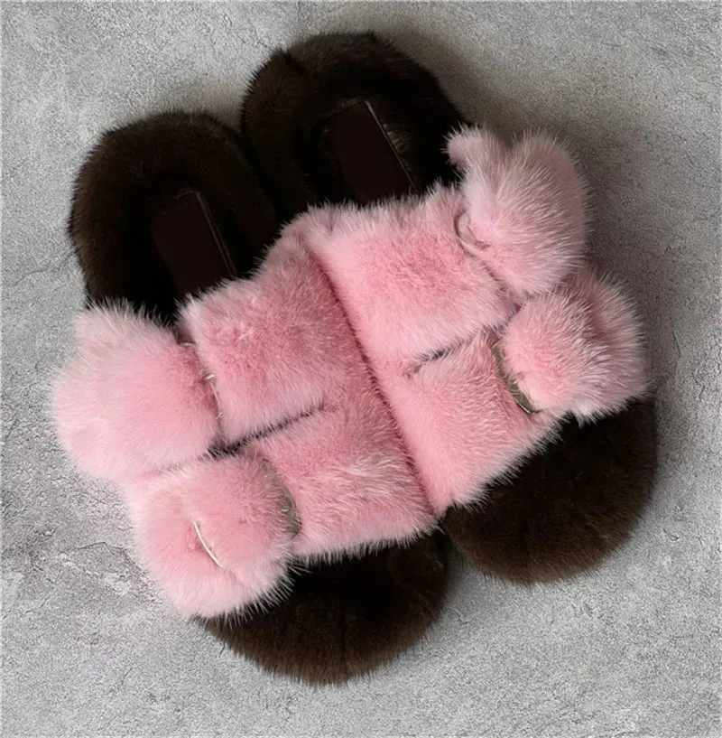 Mink Fur Flat Round Head Slippers