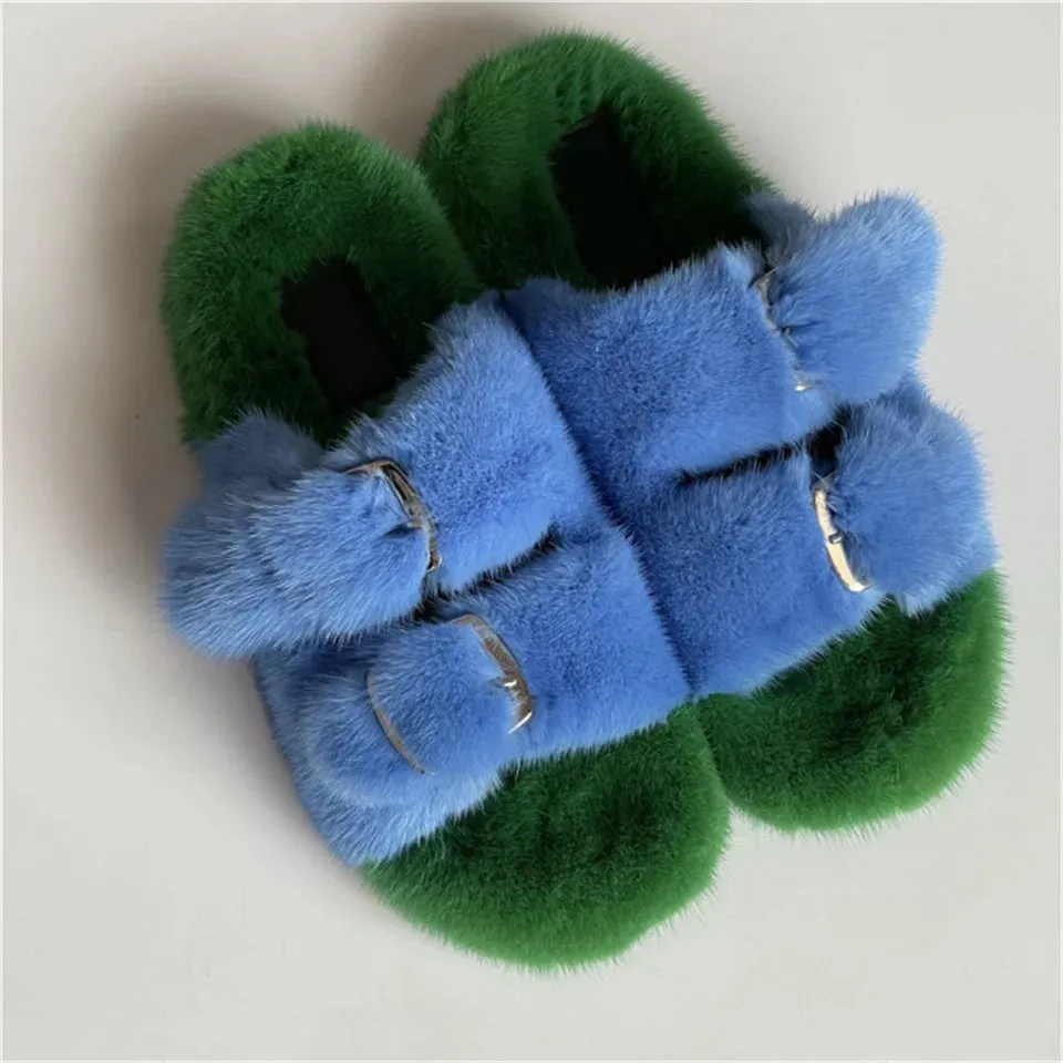 Mink Fur Flat Round Head Slippers