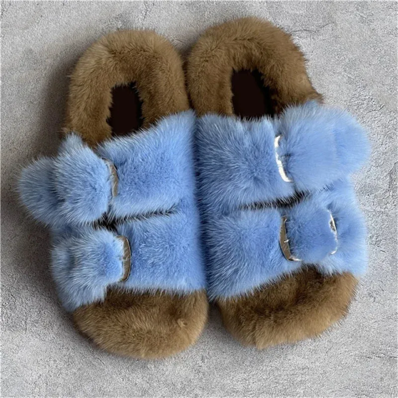 Mink Fur Flat Round Head Slippers