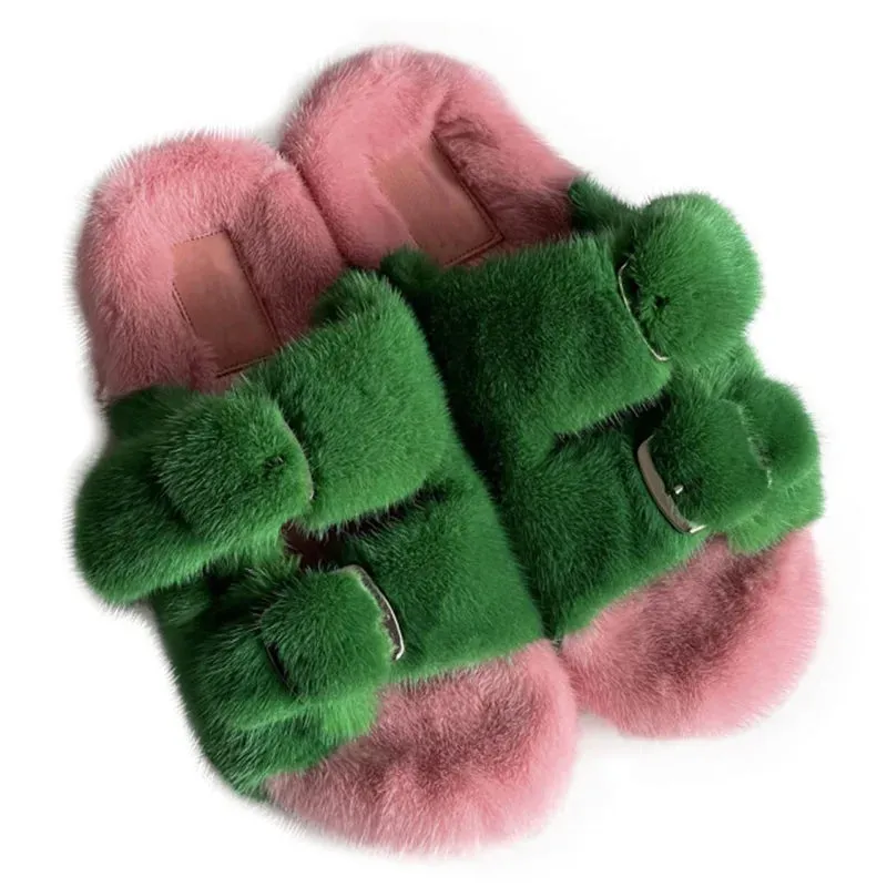 Mink Fur Flat Round Head Slippers