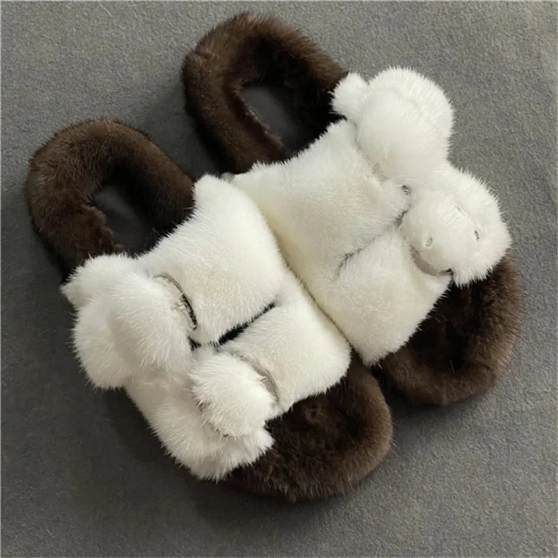 Mink Fur Flat Round Head Slippers