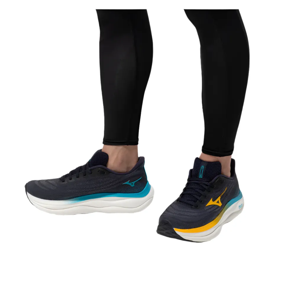 Dynamic Flexibility Mizuno Men's Wave Sky 9 Running Shoes in Baritone Blue/Citrus/Capri Breeze AW25