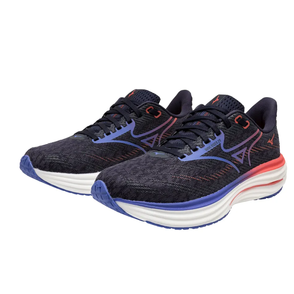 Sleek Easy on Mizuno Women's Wave Rider 29 Running Shoes in Odyssey Gray/Iris Bloom/Calypso Coral AW25