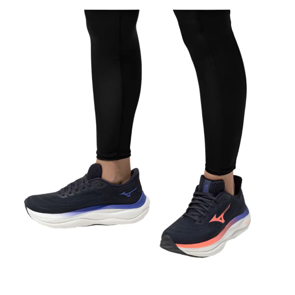 Cushioned Control Clean Build Mizuno Women's Wave Sky 9 Running Shoes in Odyssey Gray/Striking Coral/Iris Bloom AW25