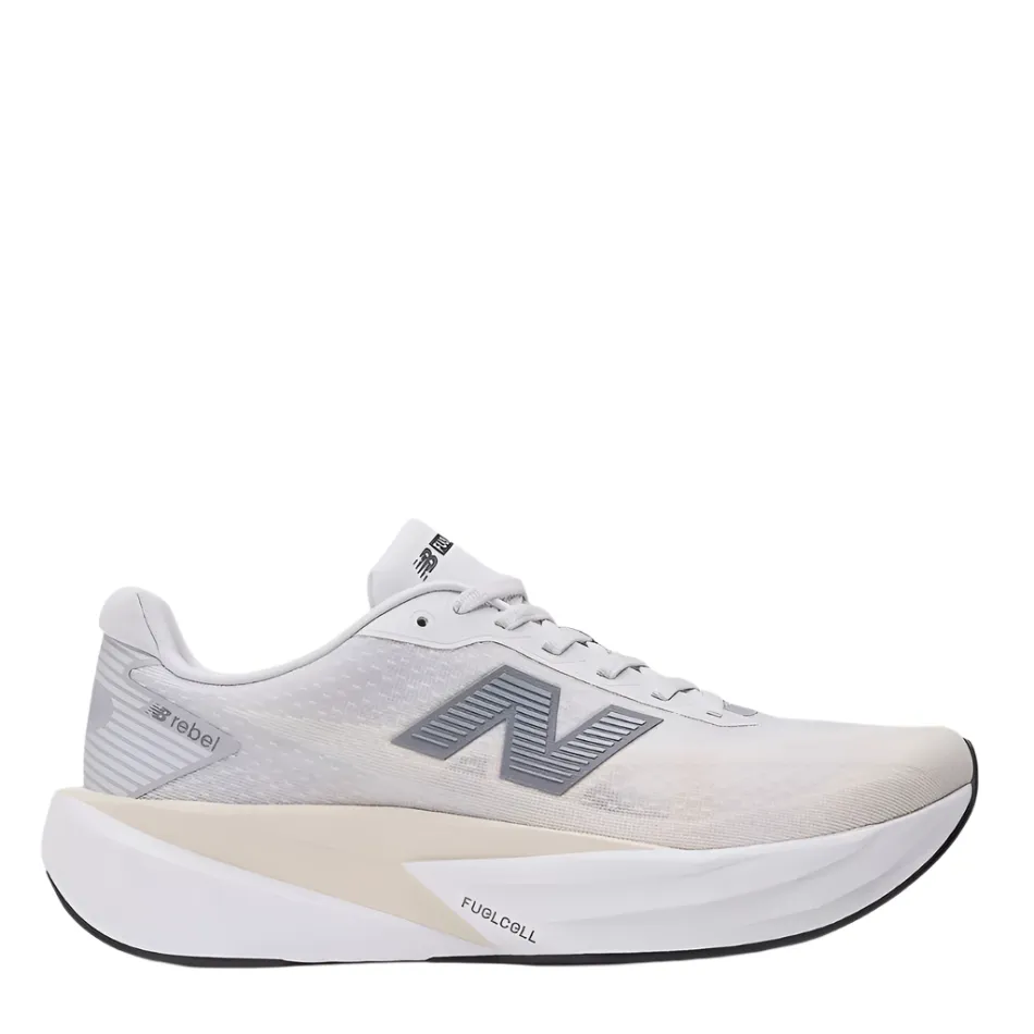 New Balance Men's Fuelcell Rebel v5 Running Shoes in Grey Matter/Linen/White AW25 Stride Smoothing Plate 360 Degree Breathability