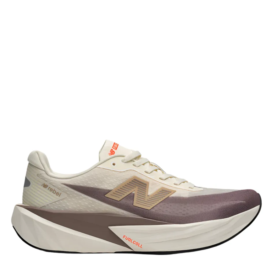 New Balance Women's Fuelcell Rebel v5 Running Shoes in Angora/Earth Shadow/Sea Salt AW25 Casual Fit Energy Drive