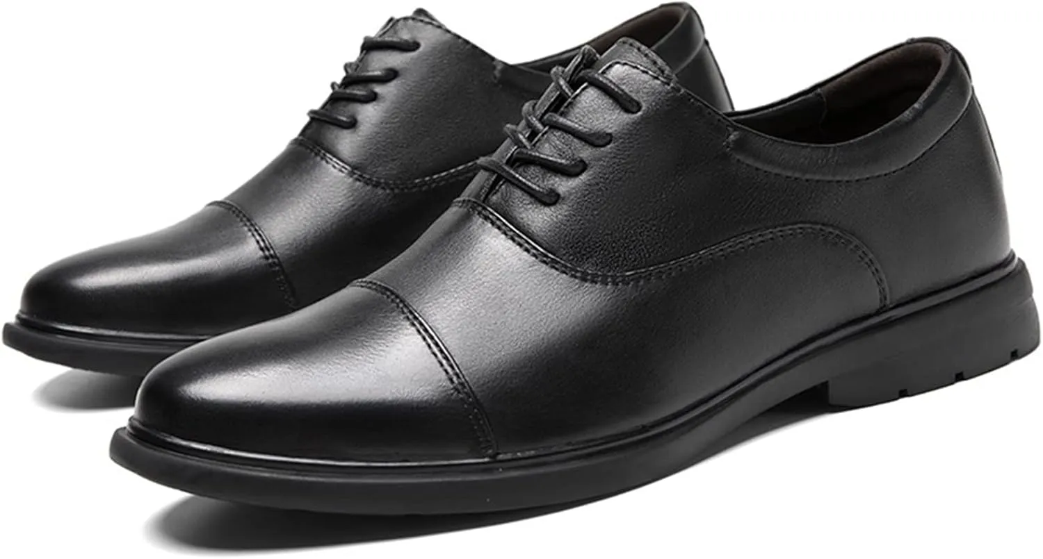 New Formal Shoes for Men Lace Up Cap Toe Leather Round Toe Low Top Slip Resistant Anti-Slip Wedding