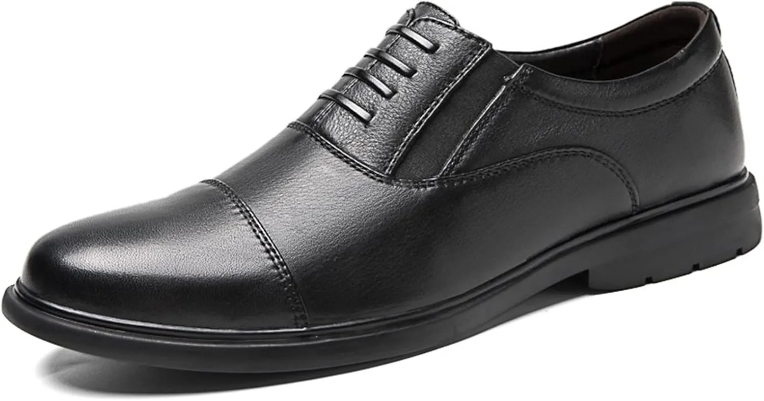 New Formal Shoes for Men Lace Up Cap Toe Leather Round Toe Low Top Slip Resistant Anti-Slip Wedding