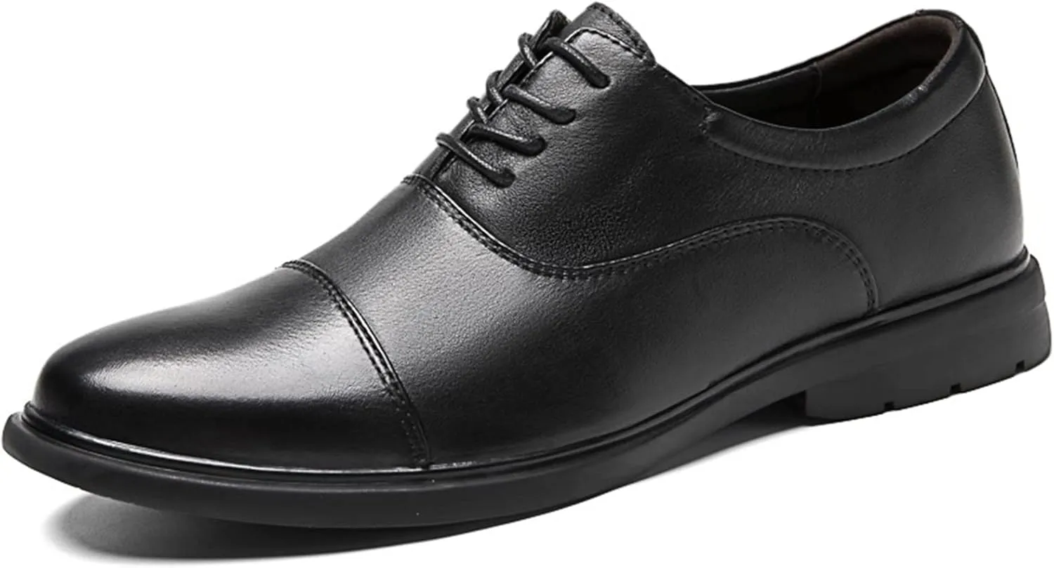 New Formal Shoes for Men Lace Up Cap Toe Leather Round Toe Low Top Slip Resistant Anti-Slip Wedding