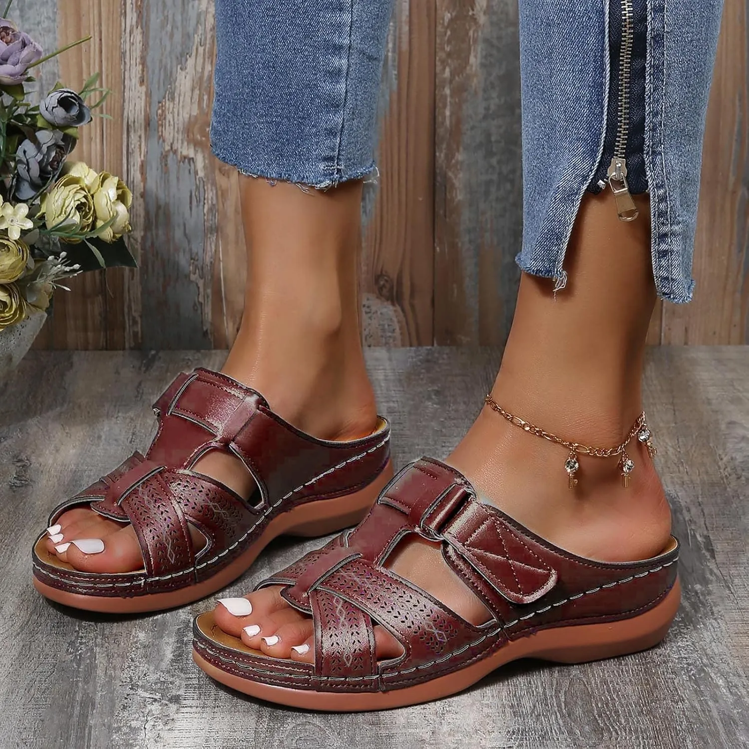 oiangi Womens Sandals 2023 Summer Comfortable Wedge Sandals with Arch Support Solid Casual Fish Mouth Open Toe Slip on Slippers Ladies Beach Travel Shoes