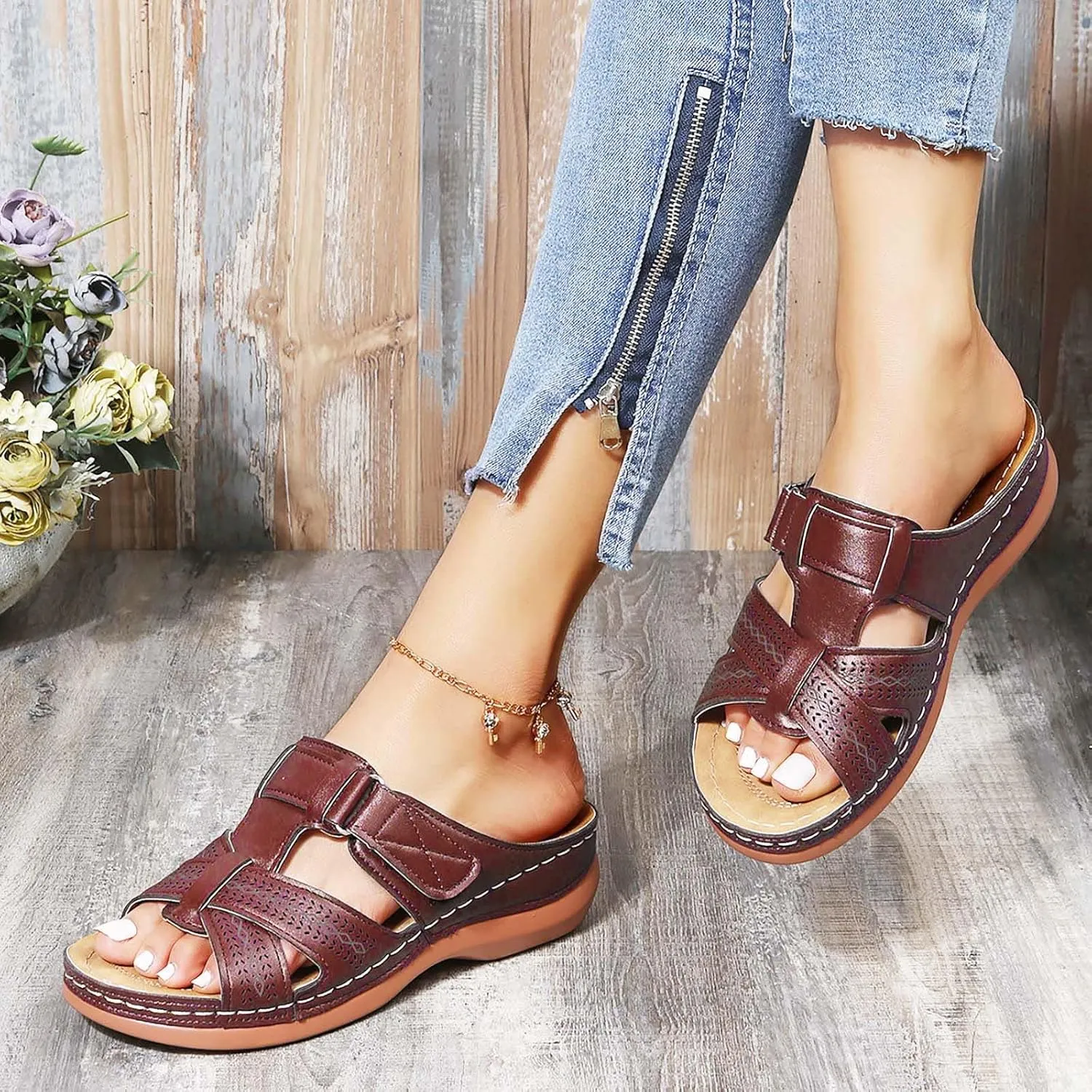 oiangi Womens Sandals 2023 Summer Comfortable Wedge Sandals with Arch Support Solid Casual Fish Mouth Open Toe Slip on Slippers Ladies Beach Travel Shoes