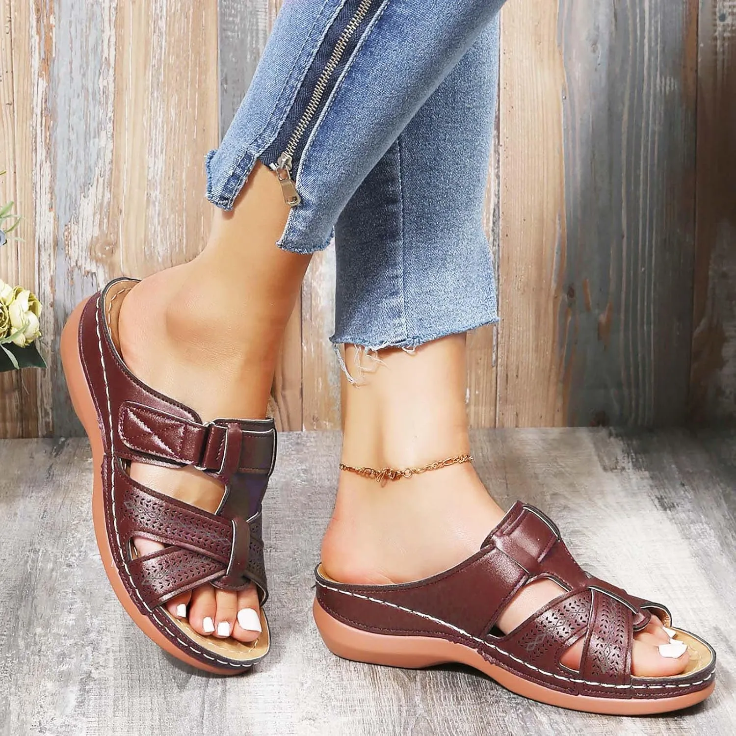 oiangi Womens Sandals 2023 Summer Comfortable Wedge Sandals with Arch Support Solid Casual Fish Mouth Open Toe Slip on Slippers Ladies Beach Travel Shoes