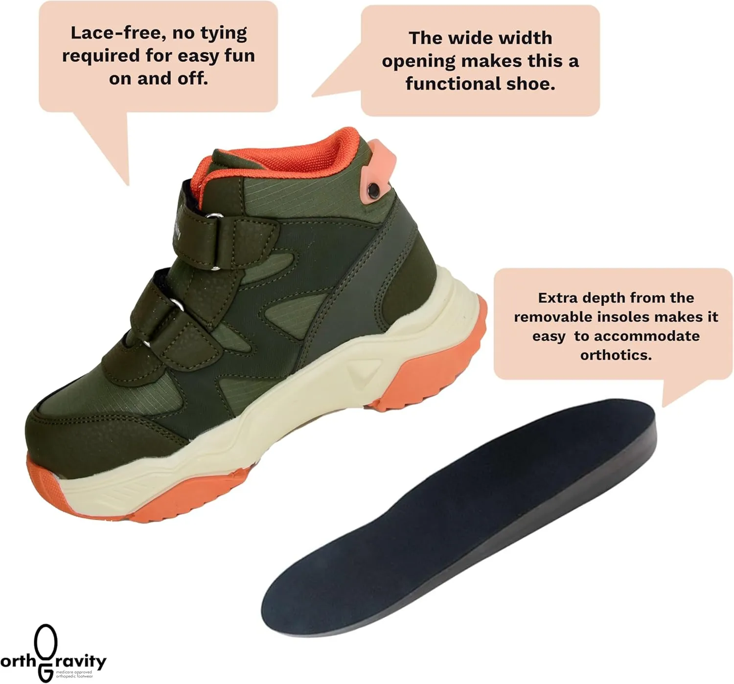 Orthopedic Comfort Kids High Top Sneakers, Wide Opening, Removable Inserts