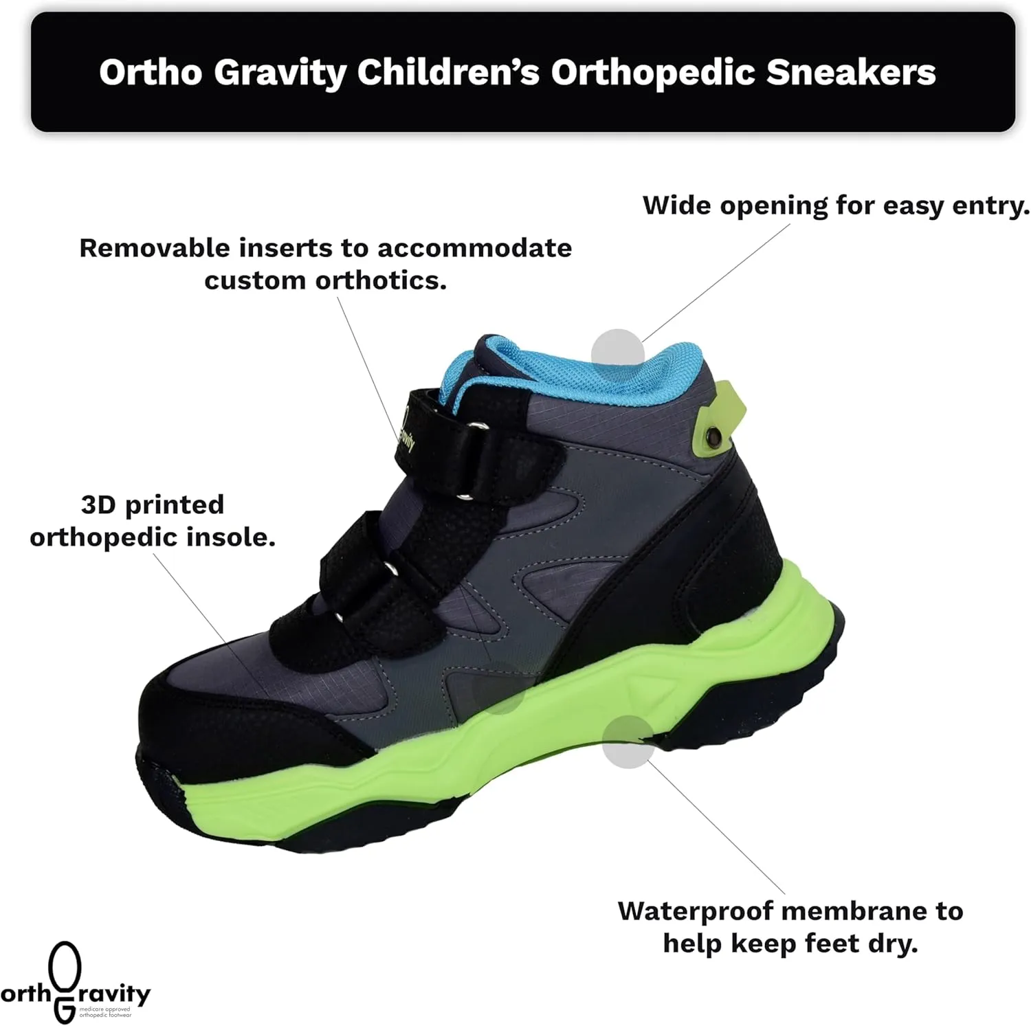 Orthopedic Comfort Kids High Top Sneakers, Wide Opening, Removable Inserts