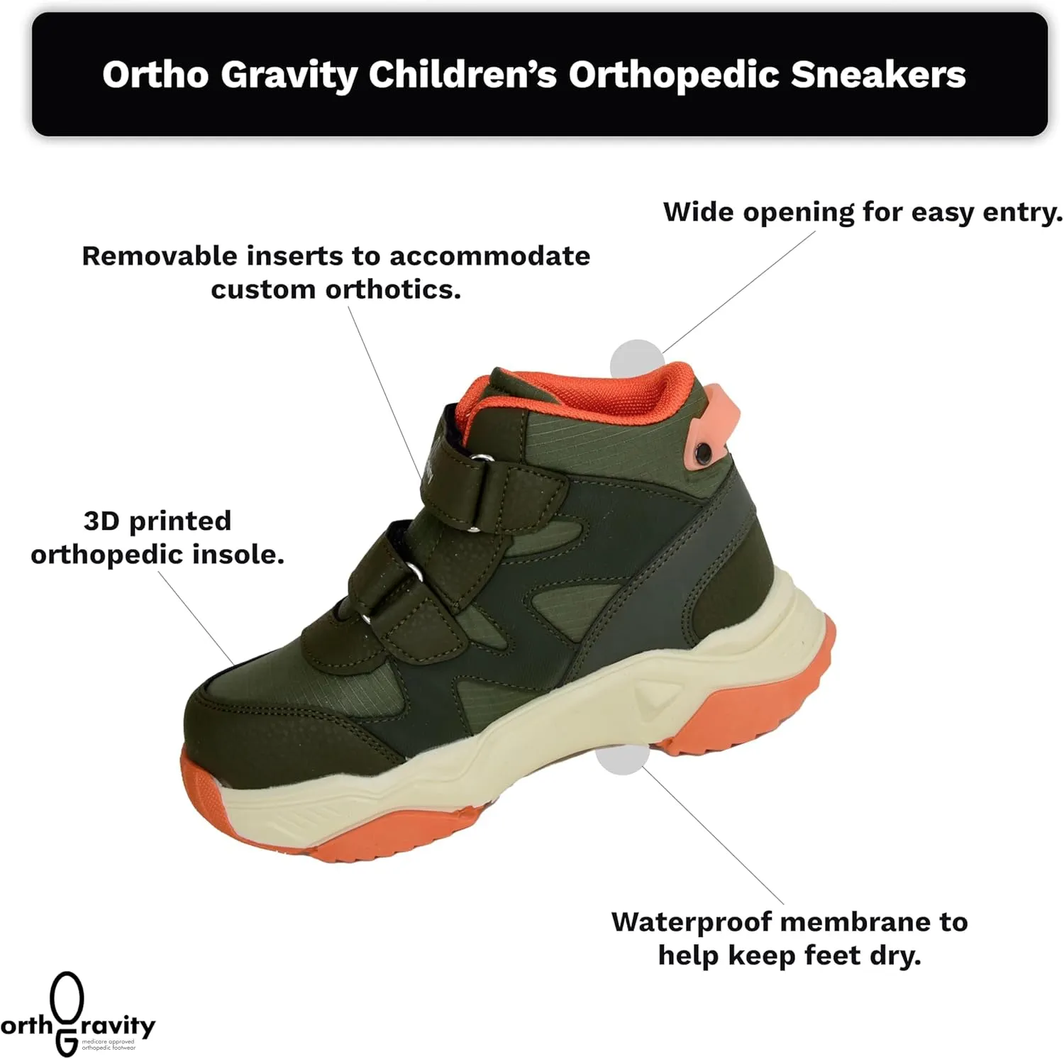Orthopedic Comfort Kids High Top Sneakers, Wide Opening, Removable Inserts