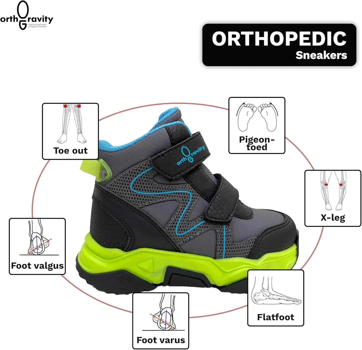 Orthopedic Comfort Kids High Top Sneakers, Wide Opening, Removable Inserts