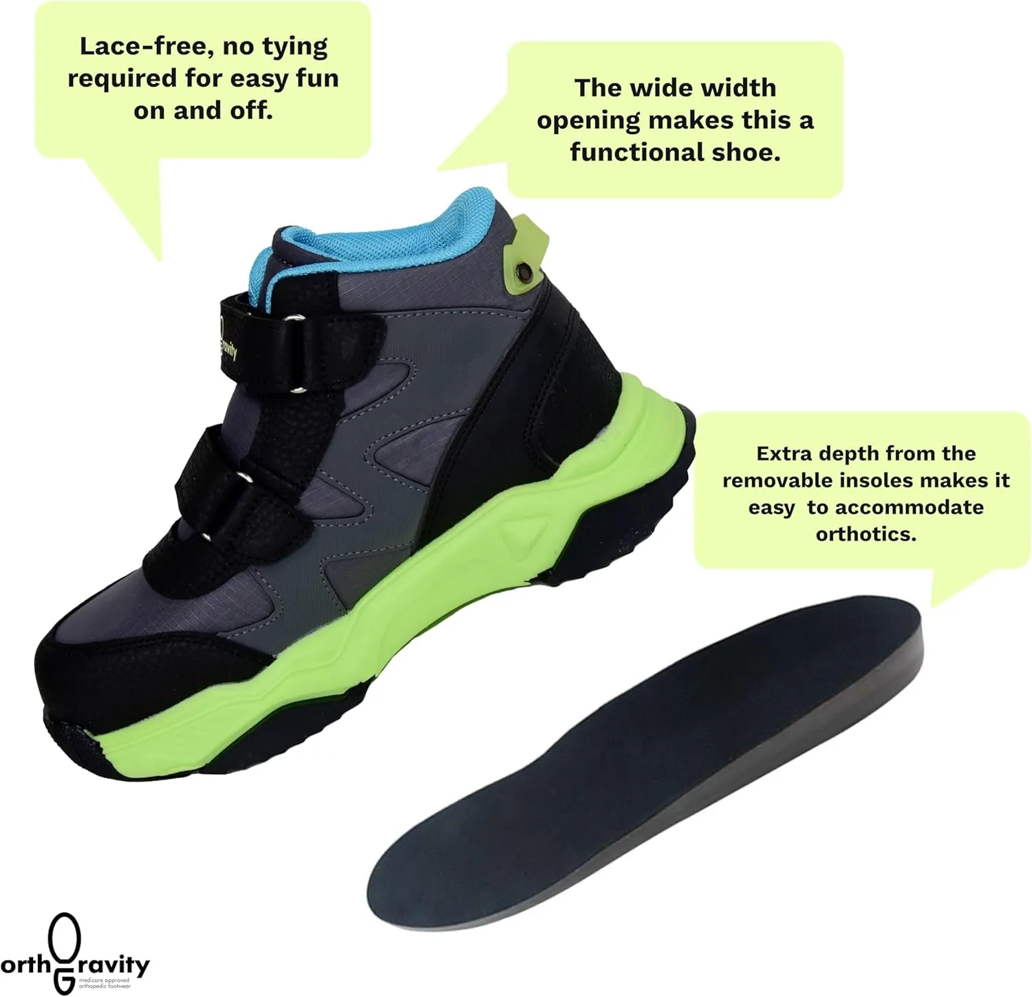 Orthopedic Comfort Kids High Top Sneakers, Wide Opening, Removable Inserts