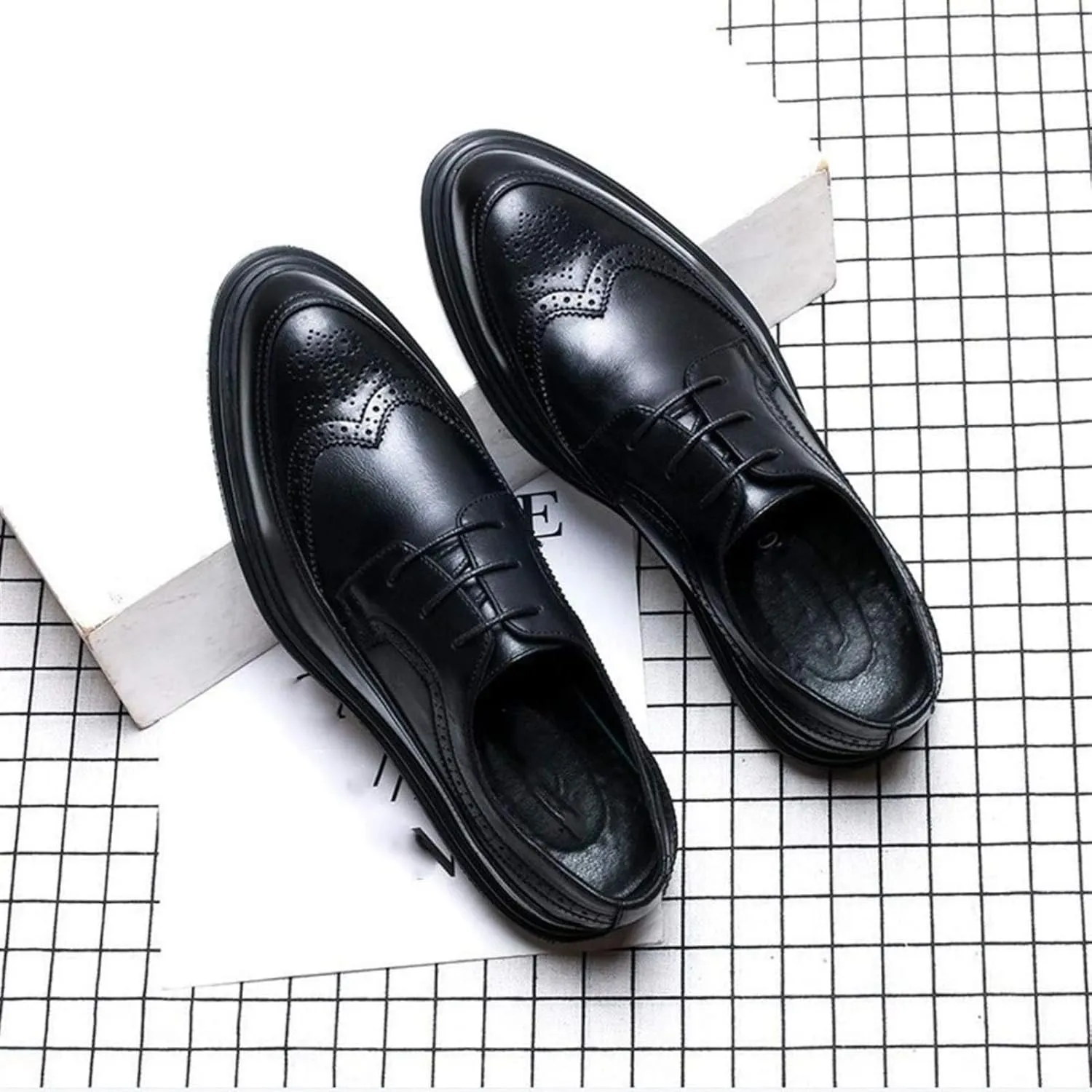 Oxford Dress Shoes for Men Lace Up Cap Toe Brogue Embossed Square Toe Low Block Heel Non Slip Resistant Rubber Sole Wedding