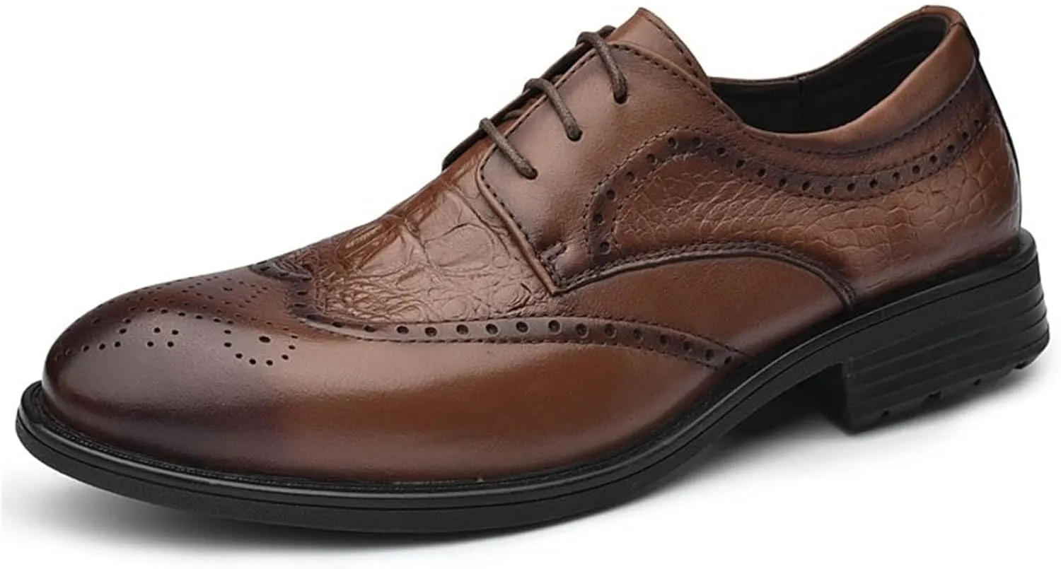 Oxford Dress Shoes for Men Lace Up Cap Toe Brogue Embossed Square Toe Low Top Block Heel Non Slip Resistant Rubber Sole Wedding