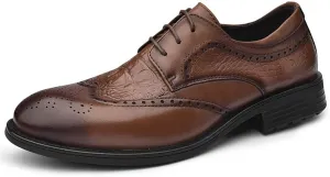 Oxford Dress Shoes for Men Lace Up Cap Toe Brogue Embossed Square Toe Low Top Block Heel Non Slip Resistant Rubber Sole Wedding