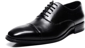 Oxford Formal Shoes for Men Lace Up Cap Toe Leather Anti-Slip Low Top Slip Resistant Block Heel Business