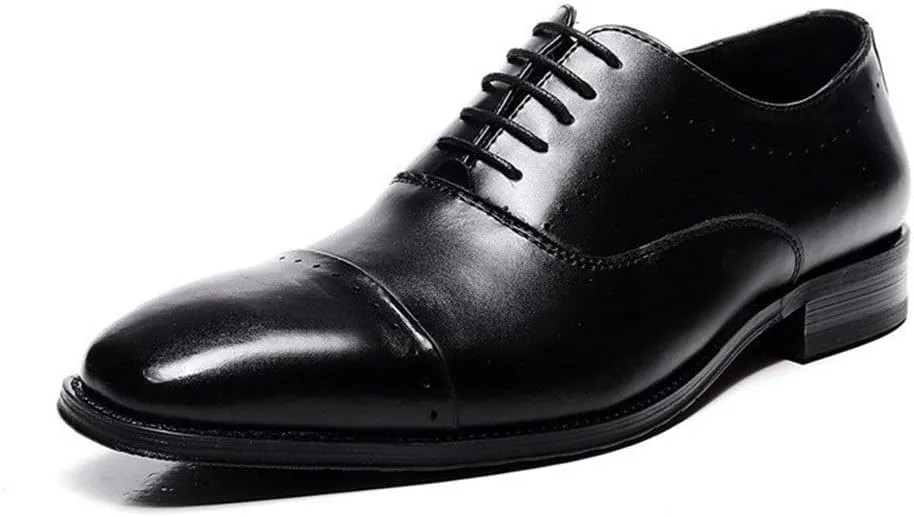 Oxford Formal Shoes for Men Lace Up Cap Toe Leather Anti-Slip Low Top Slip Resistant Block Heel Business