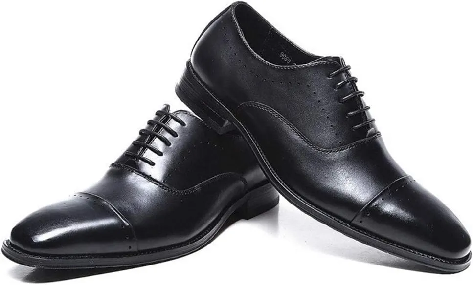 Oxford Formal Shoes for Men Lace Up Cap Toe Leather Anti-Slip Low Top Slip Resistant Block Heel Business