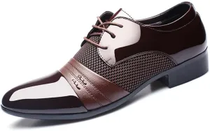Oxford Formal Shoes for Men Lace Up PU Leather Cap Toe Patchwork Derby Shoes Block Heel Rubber Sole Slip Resistant Wedding