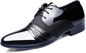 Oxford Formal Shoes for Men Lace Up PU Leather Cap Toe Patchwork Derby Shoes Block Heel Rubber Sole Slip Resistant Wedding