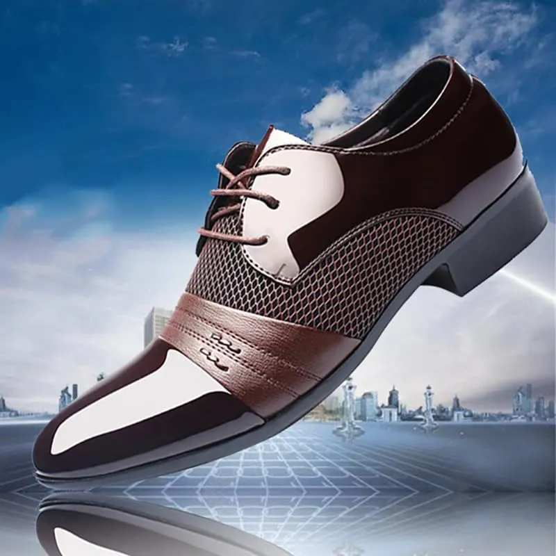 Oxford Formal Shoes for Men Lace Up PU Leather Cap Toe Patchwork Derby Shoes Block Heel Rubber Sole Slip Resistant Wedding