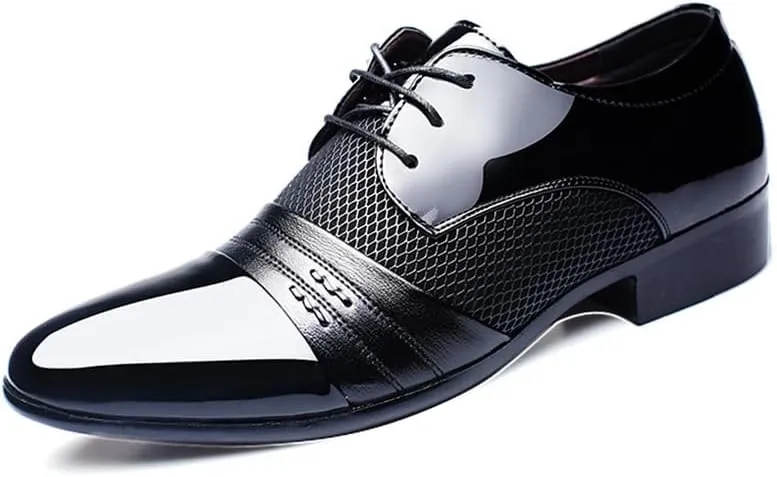 Oxford Formal Shoes for Men Lace Up PU Leather Cap Toe Patchwork Derby Shoes Block Heel Rubber Sole Slip Resistant Wedding