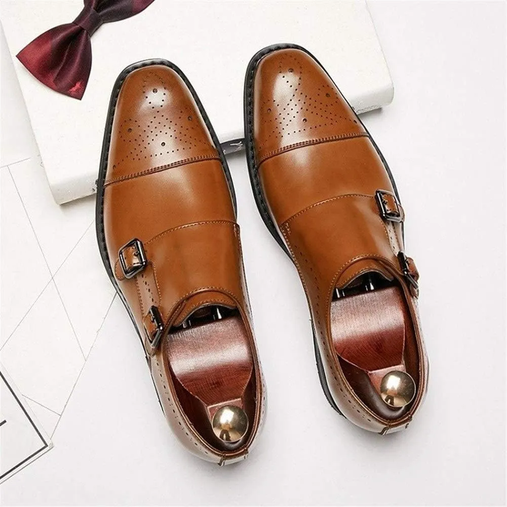 Oxford Formal Shoes for Men Slip On Cap Toe Brogue Embossed Monk Strap Leather Slip Resistant Low Top Non Slip Casual