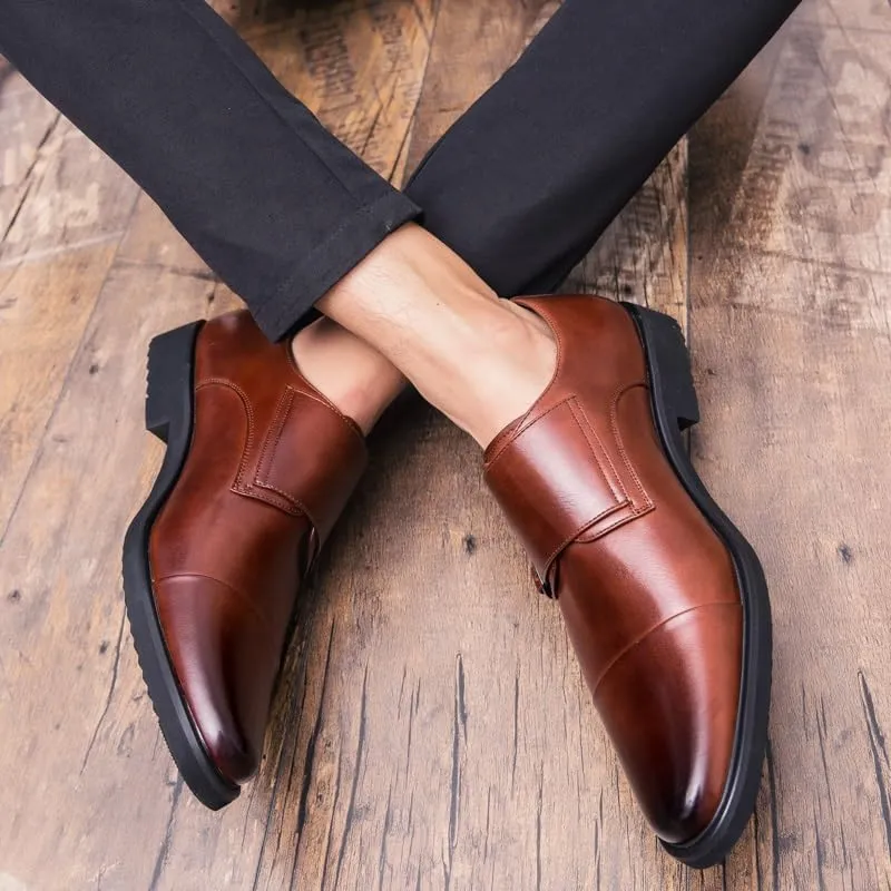 Oxford Formal Shoes for Men Slip On Round Burnished Toe Double Monk Strap Cap Toe Oxford Shoes Block Heel Rubber Sole Anti-Slip Low Top Casual