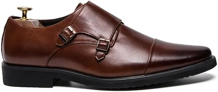 Oxford Formal Shoes for Men Slip On Round Burnished Toe Double Monk Strap Cap Toe Oxford Shoes Block Heel Rubber Sole Anti-Slip Low Top Casual
