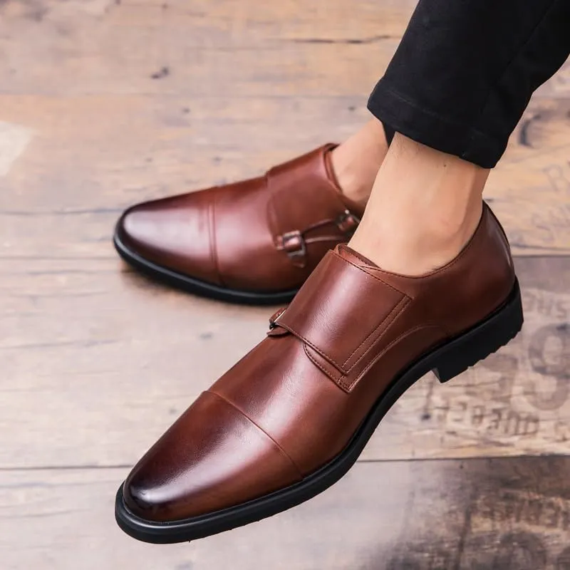 Oxford Formal Shoes for Men Slip On Round Burnished Toe Double Monk Strap Cap Toe Oxford Shoes Block Heel Rubber Sole Anti-Slip Low Top Casual