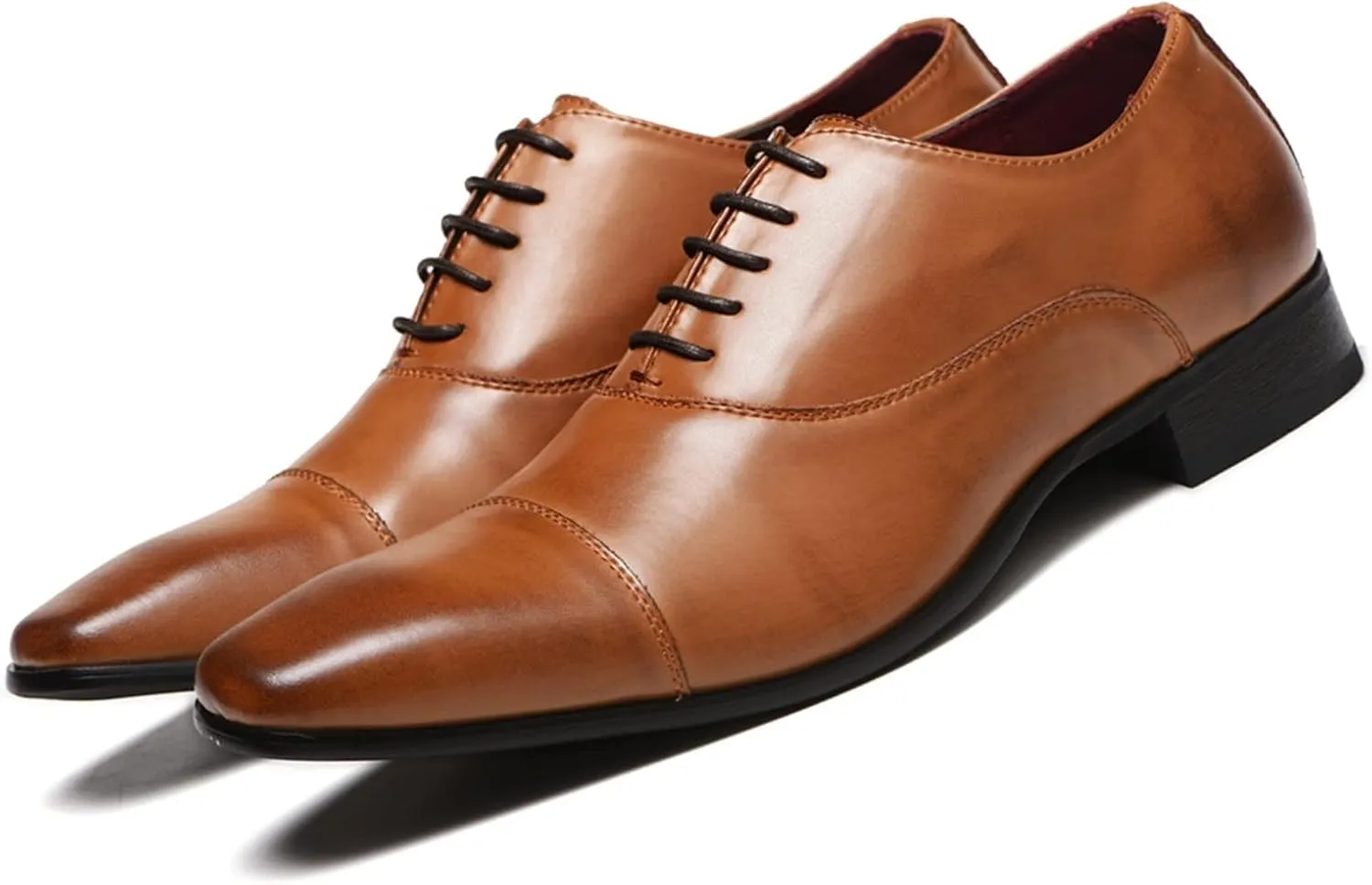 Oxford Shoes for Men Lace Up Cap Toe Burnished Toe PU Leather Rubber Sole Anti-Slip Low Top Block Heel Classic