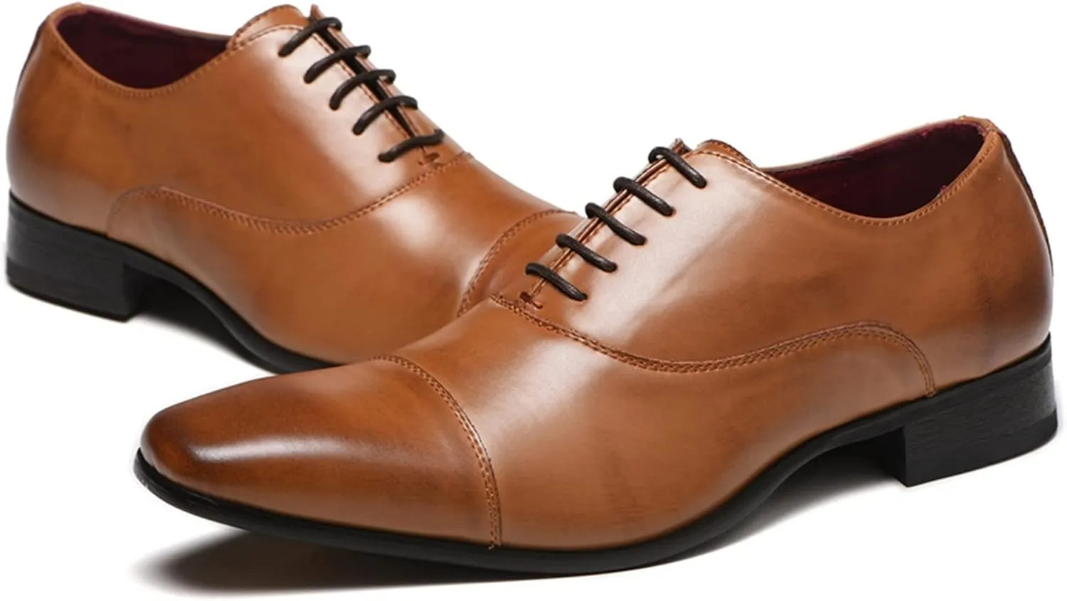 Oxford Shoes for Men Lace Up Cap Toe Burnished Toe PU Leather Rubber Sole Anti-Slip Low Top Block Heel Classic