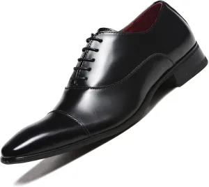Oxford Shoes for Men Lace Up Cap Toe Burnished Toe PU Leather Rubber Sole Anti-Slip Low Top Block Heel Classic