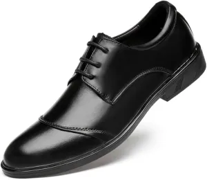 Oxford Shoes for Men Lace Up Round Toe Genuine Leather Cap Toe Derby Shoes Anti-Slip Block Heel Low Top Business