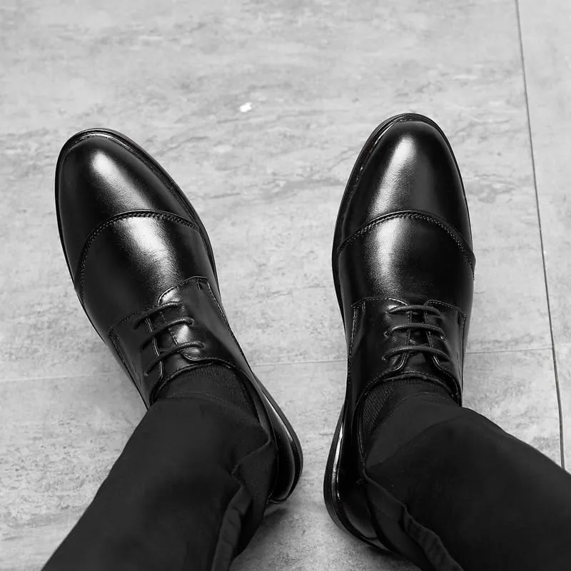 Oxford Shoes for Men Lace Up Round Toe Genuine Leather Cap Toe Derby Shoes Anti-Slip Block Heel Low Top Business