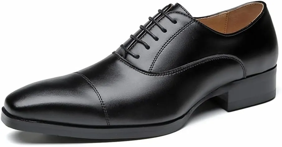 Oxford Shoes for Men Lace Up Square Toe Cap Toe Leather Anti-Slip Block Heel Rubber Sole Party